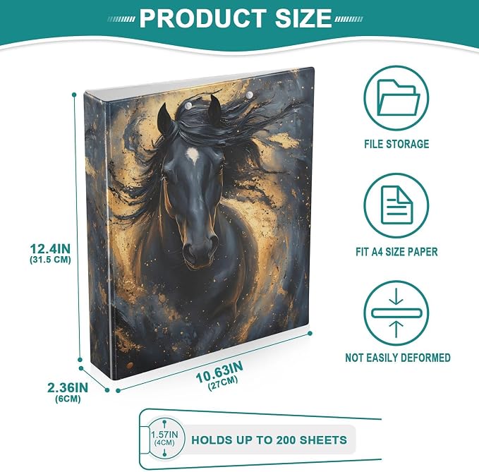 3 Ring Binder Horse Black Pattern a 1.5 inch Binders Three Ring Binders with Clipboard Fit 8.5'' x 11'' Paper 3 Interior PVC Clear Pockets for Office Supplies