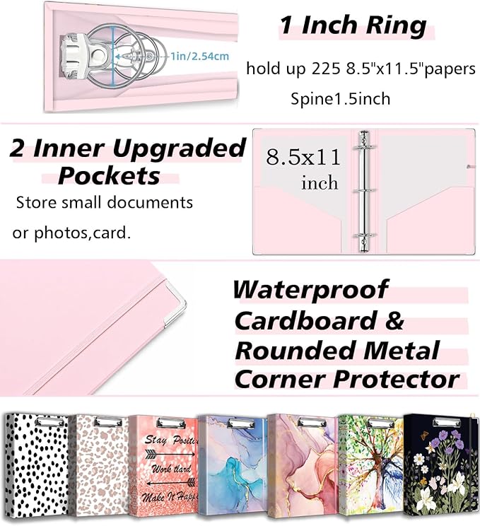 3 Ring Binder Organizer, 1 Inch Three Ring Binders with Clipboard, 5-Tabs Pockets Dividers, Transparent Plastic Folder, Pen Loop, 18 Divider Stikers, BVSSX Decorative Binder,Pink, Letter Size
