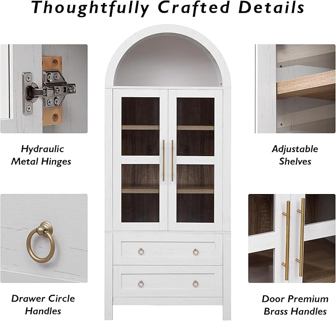 71" Arched Storage Cabinets with Glass Doors, Farmhouse Kitchen Pantry Cabinet with 2 Large Drawers, Tall Bookcase with Adjustable Shelves, Curio Cabinet, Display Cabinet(White)