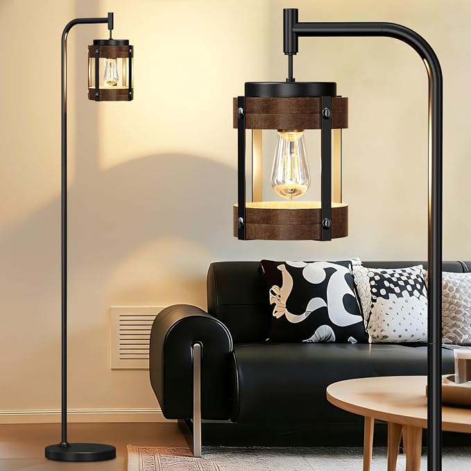 67" Industrial Floor Lamp with Wood & Black Metal Shade, Modern Standing Lamp, Rustic Farmhouse Tall Lamp for Living Room Bedroom Office, 2700K Bulb & Foot Switch Included (Black+ Wood-FL-2522)