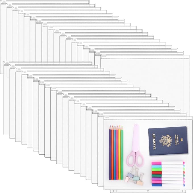 36 Pack Letter Size Binder Pockets for 3-Ring Binder Zipper Pouch Waterproof PVC Document Organizer 3-Hole Loose Leaf Folders File Sleeves Storage Bags Side Loading for Business Office Supplies