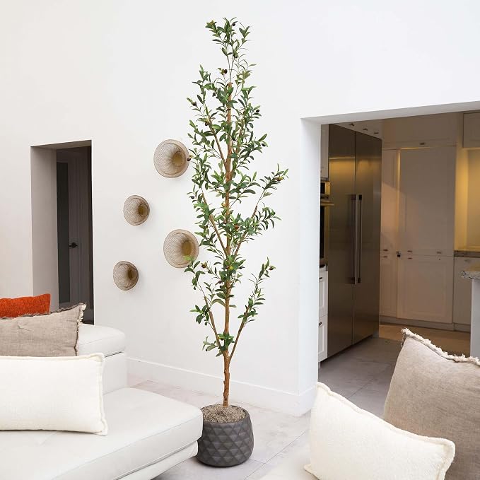 Nearly Natural 8 ft Artificial Olive Tree with Natural Trunk Floor Plant | Lifelike Fruits with Textured Trunks, Durable Nursery Pot Included, Perfect Focal Point for Living Room Decor