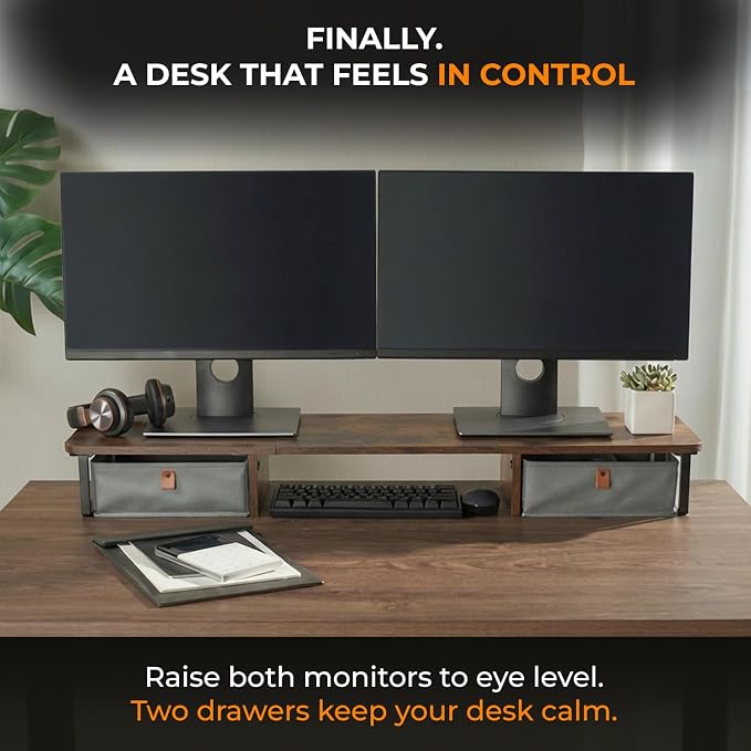 DuoStand Plus - 39” Dual Monitor Riser for Desk with 2 Drawers - Wood & Steel Double Monitor Stand with Storage - Desk Organizer Shelf for Desktop Computer, Laptop, TV & Printer (Rustic Wood)
