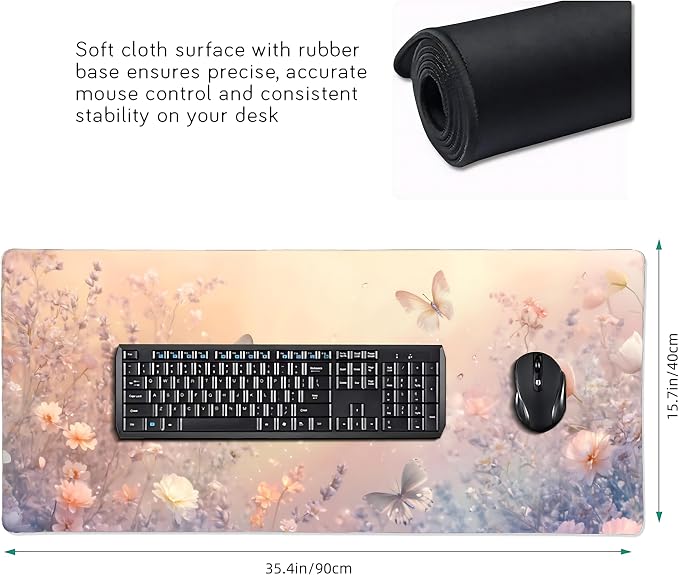 Cute Floral Aesthetic Wildflower Gaming Mouse Pad, Pink Macaron Desk Mat with Anti-Slip Base & Stitched Edges,35.4" x 15.7" in Desk Accessories for Women, Home Office Decor & Artistic Gift