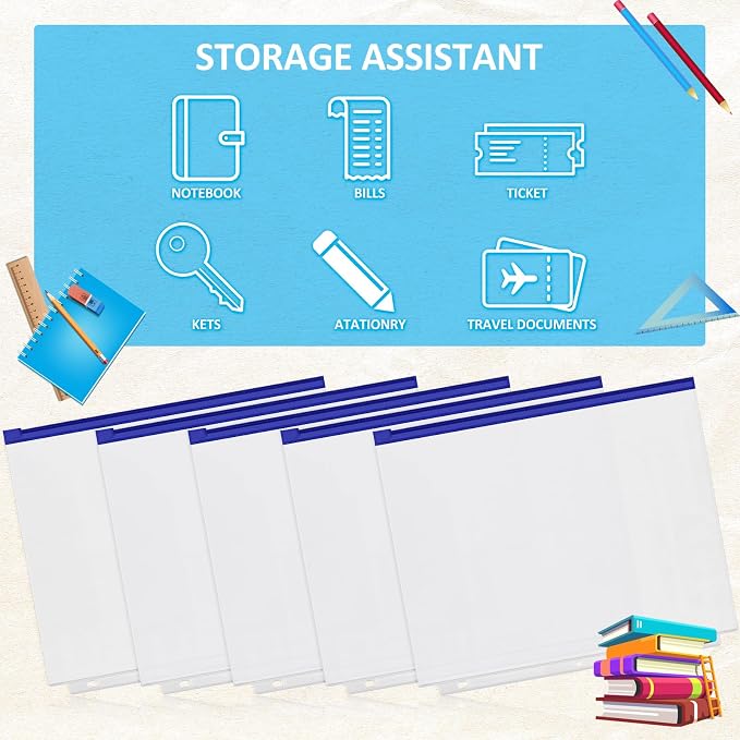 Zonon 30 Pcs A4 3 Rings Blue Zipper Binder Pouches Clear Binder Pockets with Zipper Folders Waterproof PVC Loose Leaf Bags Filling Bags for Pen Pencil Notebooks File Document