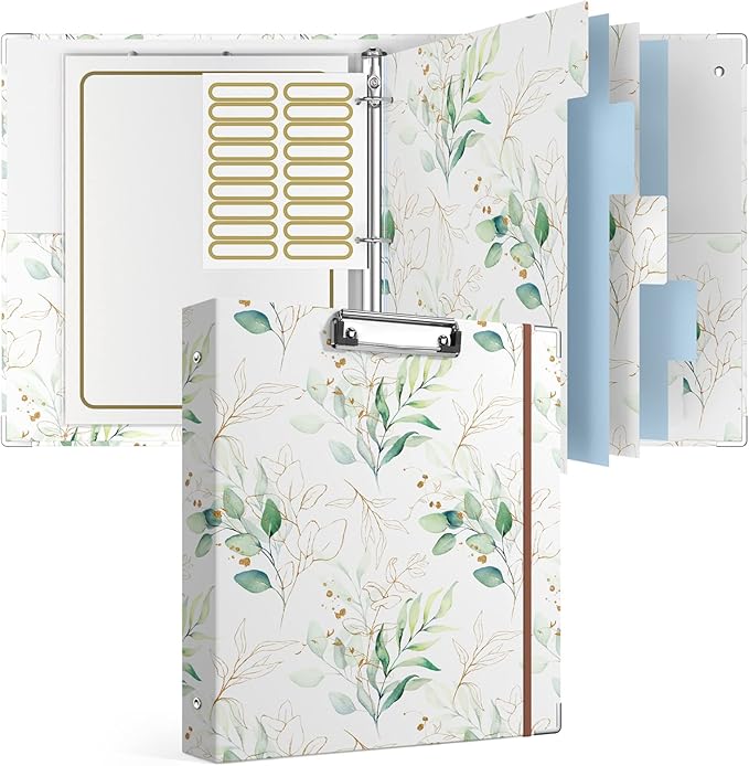 Rouidr 3 Ring Binder with clipboard, 1 inch 8.5 x 11 in Letter Size View Binders Organizer with Dividers Tabs & Clear Sleeves, School Supplies, Office Supplies, Leaves