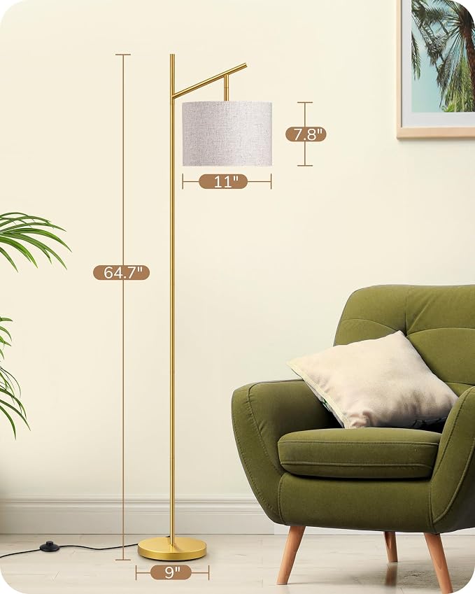 EDISHINE 64.7IN Gold Floor Lamp for Living Room with Remote, Standing Lamp | Dimmable Bulb Included, 5CCT, Foot Switch, Adjustable Head, Minimalist for Bedroom, Living Room, Office