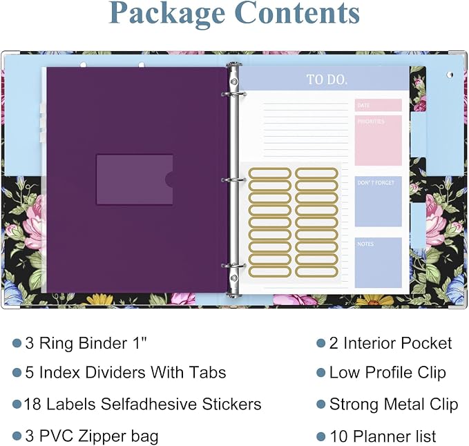 3 Ring Binder, 1 Inches Round Ring Binder with Clipboard, Dividers Tabs, PVC Zipper Bag Sleeves & to Do List Planners for Women, Men, School, Office Supplies, Flowers