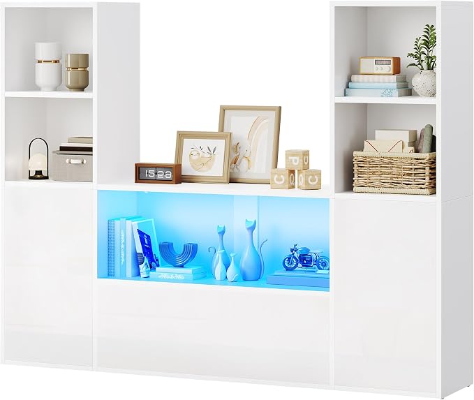 YITAHOME Castle Bookcase with Storage & Adjustable LED Lights | U-Shaped White Bookshelf with Cabinet, UV High-Gloss Display Unit, Cube Organizer for Living Room, Home Office and Bedroom