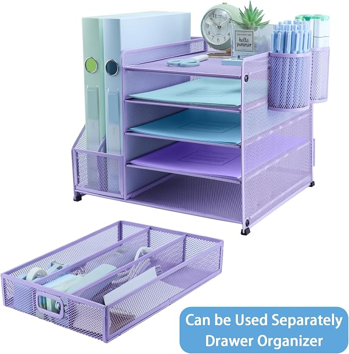Desk Organiser with 2 Pack Magazine File Holder, 5-Tier Paper Tray Organiser with Drawer and 2 Pen Holder, Letter Tray Multifunctional for Office, School, Home - Purple