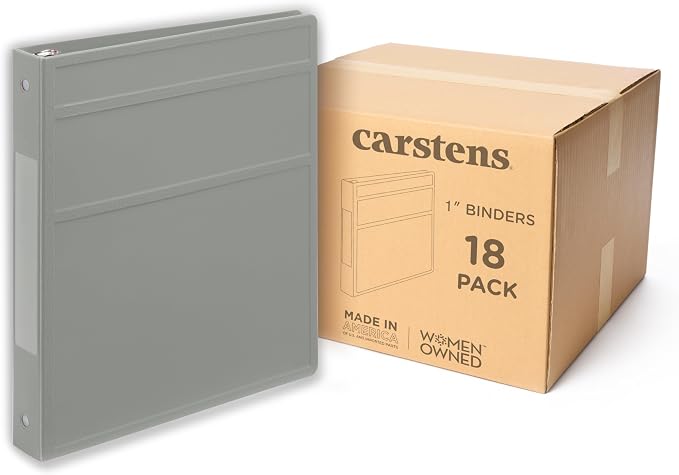 Carstens 1-Inch Heavy Duty 3-Ring Binder - Side Opening, Ash Gray, Durable Plastic, No-Gap Rings, Waterproof Cover, No Pockets, Holds 125 US Letter Sheets, BPA-Free, Made in USA (8702-3R), Case of 18