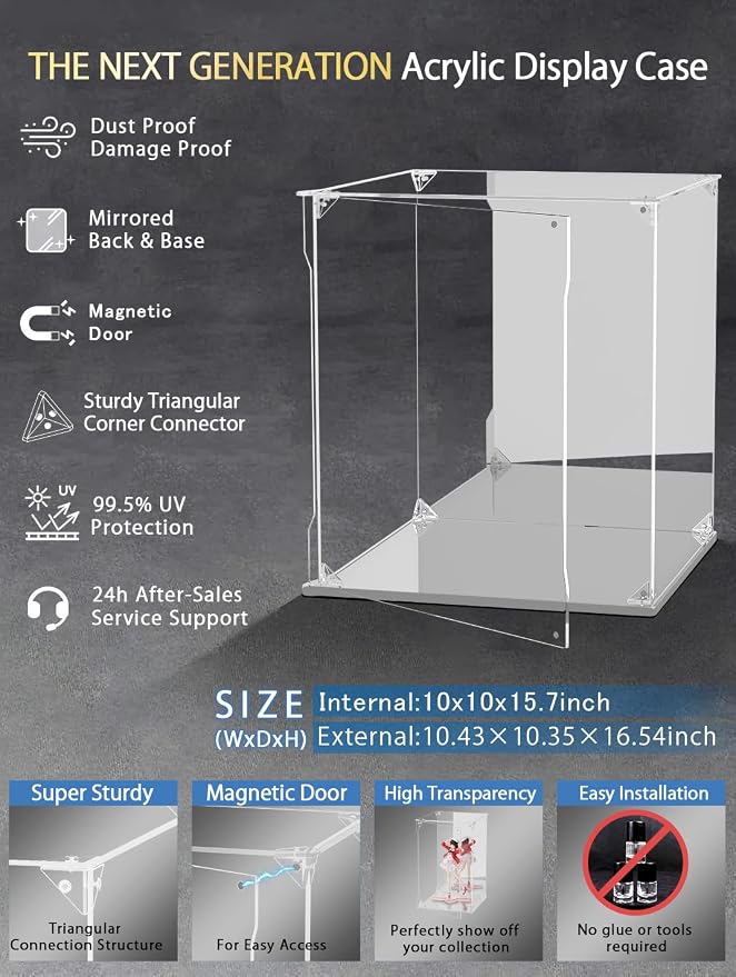 Clear Acrylic Display Case with Mirrored Back and Base, UV Protected Acrylic Box with Magnetic Door, Dustproof Display Box Showcase for Collectibles, Figures, Models, Toys (12x12x12inch)