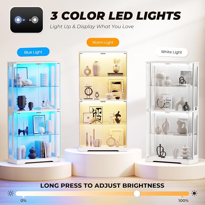 Auro Home 4-Tier Display Cabinet with Light White (65" H*31.5" W*13.7" D) | Display Case With Glass Door,Curio Cabinet with 3 color Light&Human Body Sensor,Perfect for Collectibles,Lego,Trophy,Book