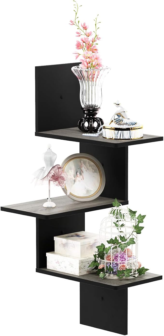 Furinno Rossi 3-Tier Corner Floating Shelves for Wall, French Oak | Corner Square Wall Shelf, S-shape Radial Wall Mounted Book Shelf, for Bathroom, Bedroom, Living Room