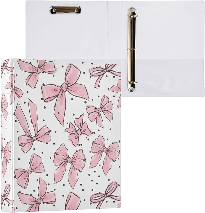 3 Ring Binder Pink Bows Dots 1.5" Round Ring Binders View Binder with 200 Sheet for Kids School Supplies Women Men Office, 1 Pack