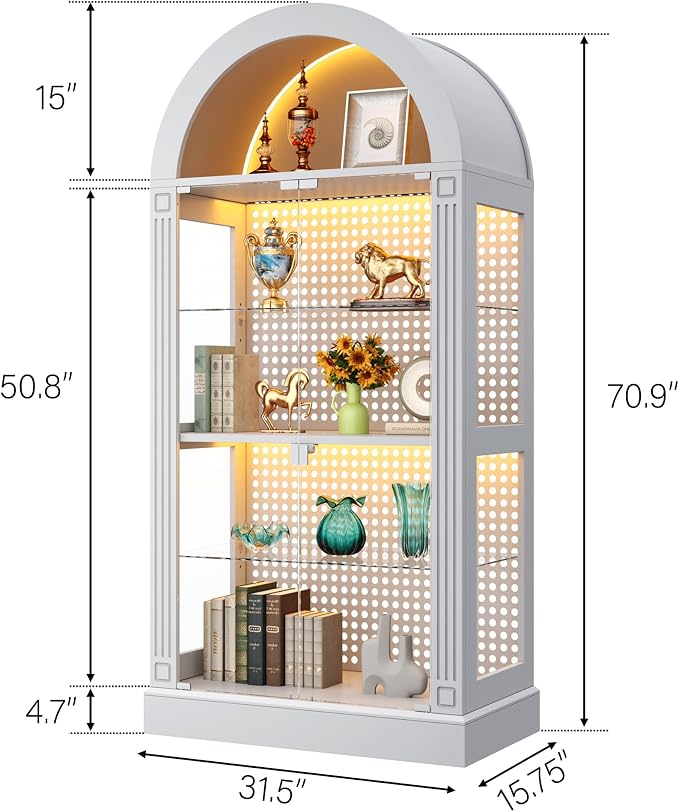 kepptory 71" Arched Display Cabinet with Glass Doors and LED, 5-Tier Curio Cabinet with Roman Line Design and Pegboard, Glass Display Case China Cabinet for Collectibles, Black
