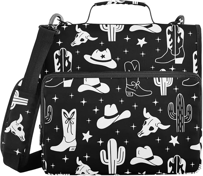 Western Cowboy Black Print Zipper Binder Bag 3 Ring with Shoulder Strap & Handle Multi Pocket Binder Organizer Bag Large Capacity for School Office Supplies