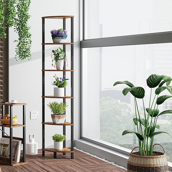 VIMBER Corner Shelf, 6-Tier Corner Bookshelf, Industrial Corner Ladder Shelf, DIY Storage Shelves, Rustic Display Shelf for Living Room, Bedroom, Kitchen, Home Office, Rustic Brown and Black UJSJ004F