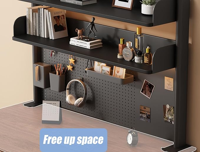 31.5 Inch Clip-on Desktop Organizer Bookshelf with Pegboard, Desk Shelf Organizer, Multipurpose Computer Desk Desktop Bookshelf, Desk Extender Pegboard Clamp, Desktop Display (Black)