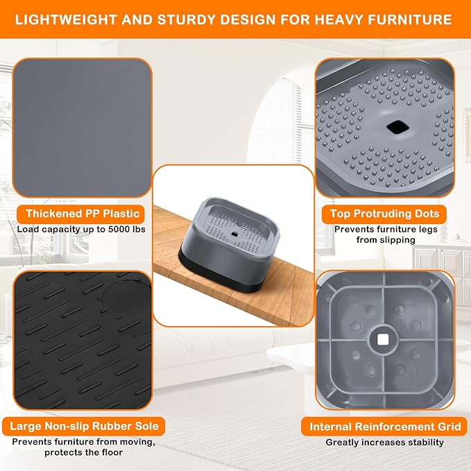 shouwuhho 12 Pack Furniture Risers Adjustable Bed Risers Heavy Duty Lifts Height 1", Square Stackable Bed Risers 1, 2 or 3 Inch for Desk Leg Table Couch Sofa Chair Bed Frame Legs Dorm, Gray