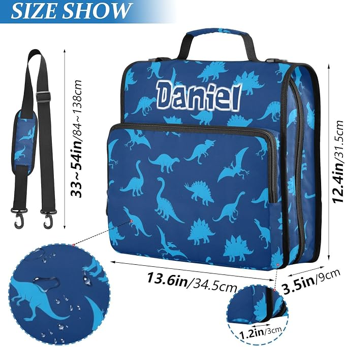 Custom Dinosaurs Dark Blue Pattern 3 Ring Zipper Binder with Shoulder Strap & Handle 1.5 Inch D-Ring Zippered Bag with Multiple Pocket, Personalized Binder Organizer for School or Office