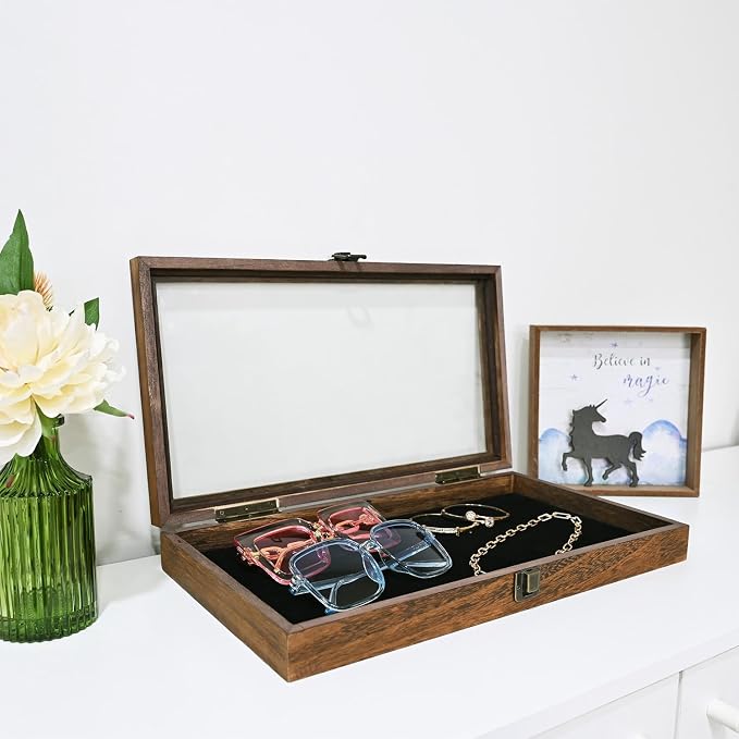 MOOCA Wood Jewelry Display Case with Tempered Glass Top, Black Velvet Pad | Wood display case with a glass top and removable black velvet pad accommodates taller jewelry and collectibles.
