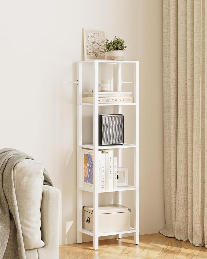 Open Book Shelf, 5 Tier Tall Bookshelf, Freestanding Shelf Narrow Bookcase with Open Shelves, 14.96" x 10.63" x 53.54", Book Shelves for Living Room, Office, Study, White