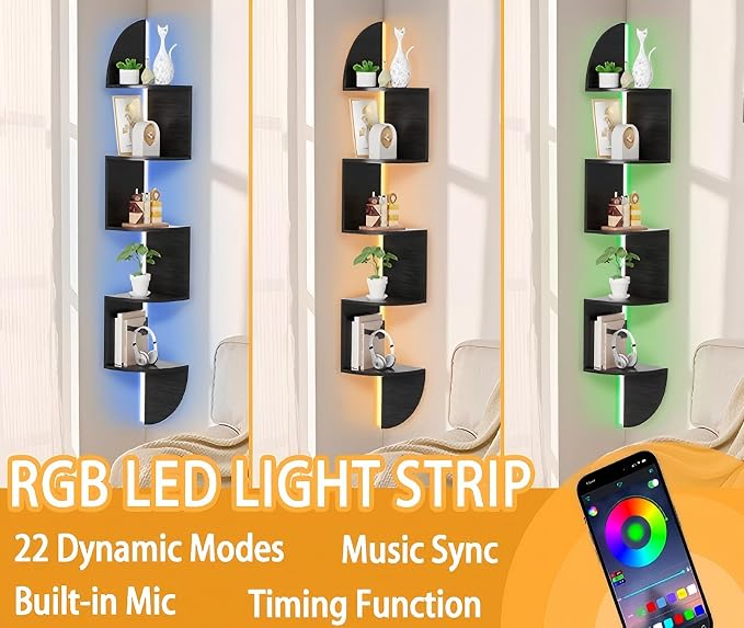 Corner Shelf, 5 Tier Bookshelf with LED Light, Corner Shelf Wall Mounted, Floating Shelves for Wall, Display Stand for Bedroom, Living Room, Bathroom, Home, Office, Black