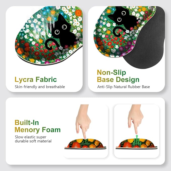 Large Gaming Mouse Pad Set, 4 in1 Ergonomics Keyboard Desk Mat w/Memory Foam Wrist Rest, Computer Extended Game Mousepad, Non-Slip Desk Matt Easy Typing Pain Relief I Multicolored Flower Cat