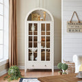 RowyPoey 71" Tall Arched Cabinet Bookshelf with Glass Door & Storage Drawer | Modern Farmhouse Display Cabinet,Adjustable Shelves,Wood Kitchen Pantry for Dining Room,Living Room,Office,Antique White