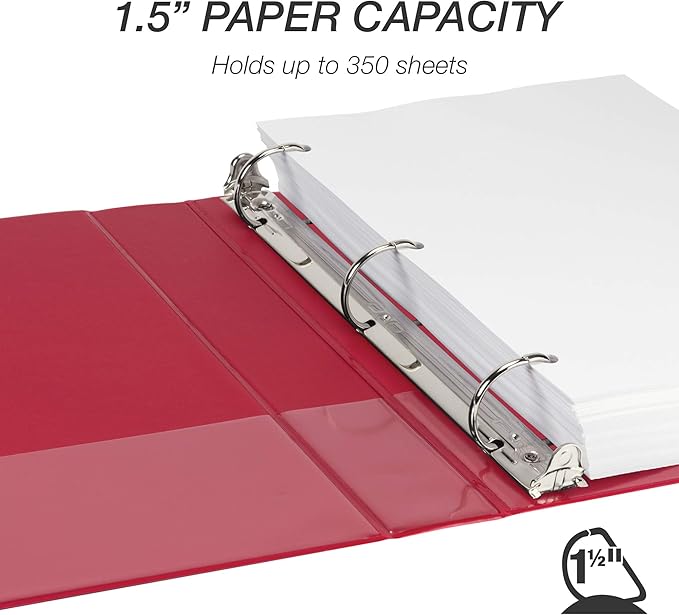 Samsill Durable 1.5 inch 3 Ring Binder, D Ring Binder, 100% Recycled Chipboard, Red, 4 Pack
