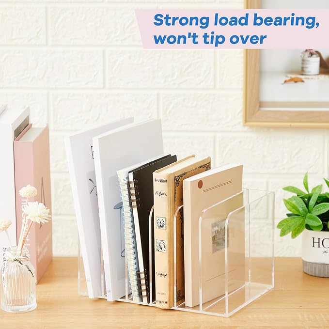 Suzile Clear Acrylic Magazine File Holder with Vertical Compartments Desk Organizer Book Rack for Desk Sorter Paper Folder Office Accessories (Classic,10.5 x 6.9 x 6.3 Inch)