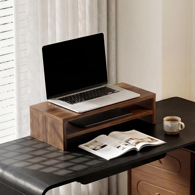 FITUEYES Wooden Monitor Stand Riser, 2-Tier Desk Storage Shelf, Brown | 21.3-Inch Desktop Organizer Fits Laptop, Computer Screen and Office Supplies