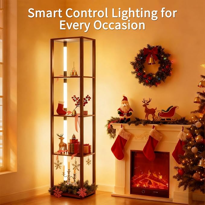 RGBCW Floor Lamp with Shelves, LED Smart Modern Floor Lamp with Music Sync, Color Changing Corner Display Shelf Lamp, Standing Lamp with Shelves for Living Room and Bedroom, Office, Brown
