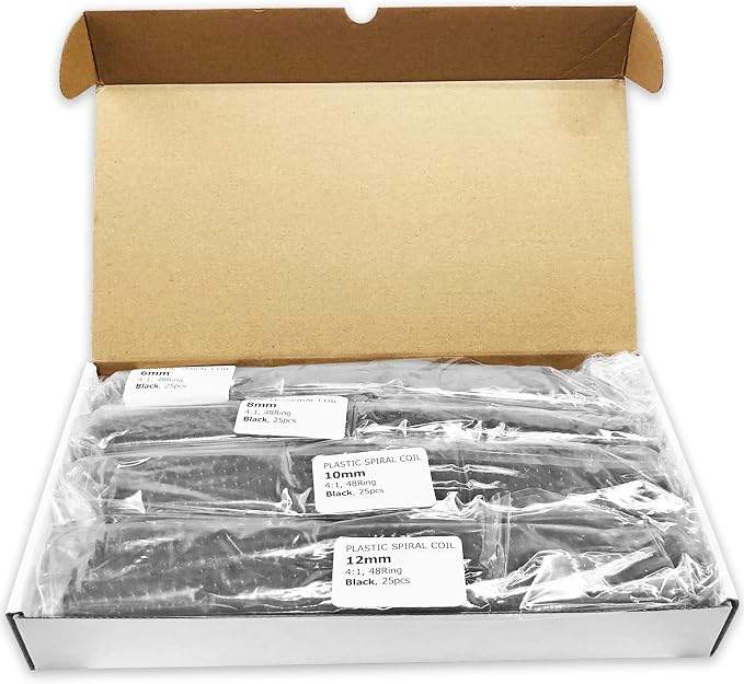 Binditek Plastic Spiral Binding Coils, Multi Size 4:1 Pitch, Black 100 Pack | Multi Size (6mm, 8mm, 10mm, 12mm) (1/4", 5/16", 3/8", 1/2"), 48 Loops, for Letter-Size School and Office Projects