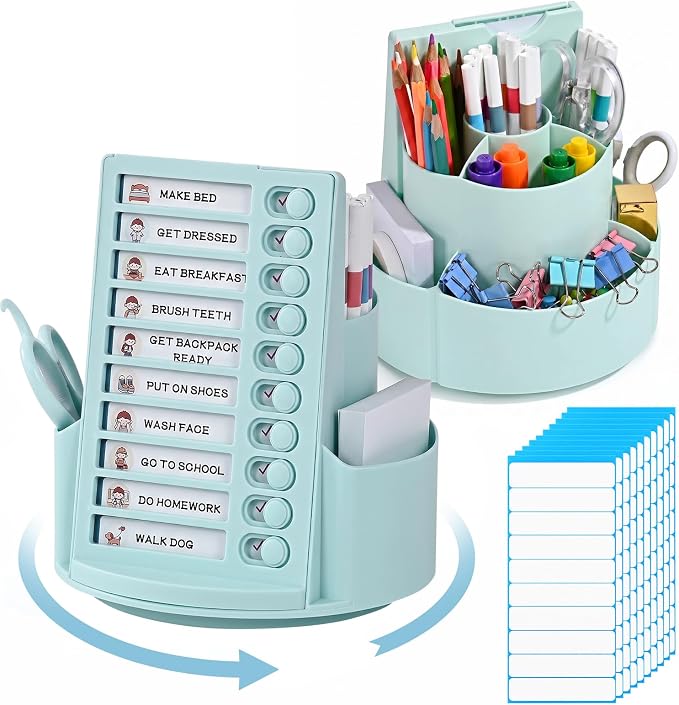360 Rotating Pencil Holder with To Do List for Kids, Desk Organizer Checklist Routine Chart with Slider, Pen Organizer with 7 Slots Desk Organizers and Accessories for Office School Home
