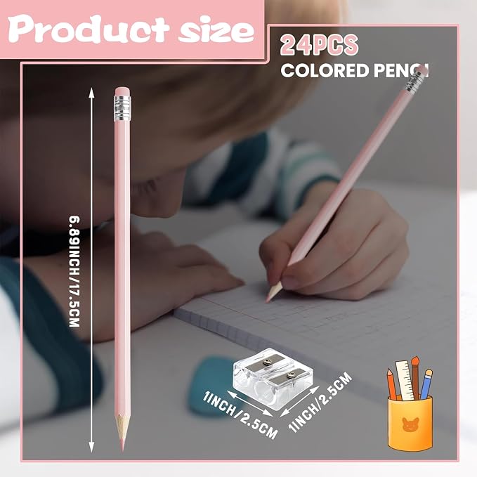 24PCS Macaron Pink Colored Pencils with Eraser Pre Sharpened Pencil 2 HB - Ideal for Checking, Grading, Tests & Office/School Supplies