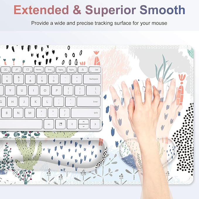 Large Gaming Mouse Pad Set, 4 in 1 Extended Keyboard Desk Mat with Wrist Rest, PC Computer Game Mousepad Set, Non-Slip Desk Pad Protector Easy Typing Pain Relief for Home Office I Cactus Plants