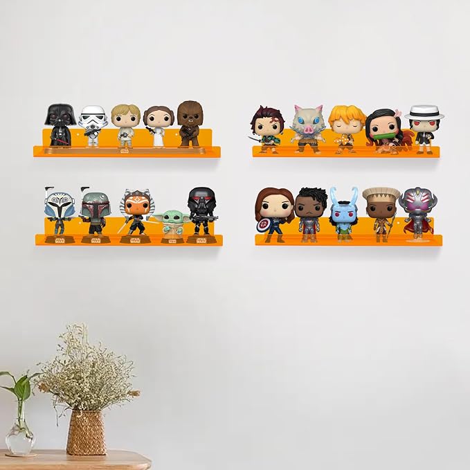 Dezzer 4 Pack Acrylic Shelves for Wall, 15" Acrylic Floating Shelves for Bathroom Bedroom, Invisible Bookshelf Wall Ledge Storage Shelf Books Perfume Toys Action Figure Display Shelves, Clear Orange