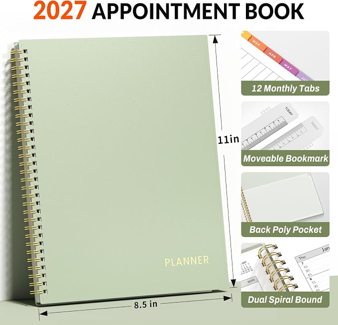 SUNEE 2027 Appointment Book, Quarter-Hourly, Weekly Monthly Planner, 8.5"x11",Sage Green