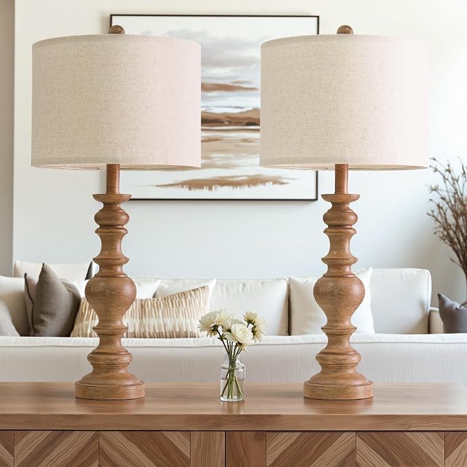 BOBOMOMO 27" Light Brown Table Lamps Set of 2, Large Farmhouse Resin Lamps with Linen Shades, Rustic Vintage Lamps for Living Room, Bedroom, Console Table or Entryway Home Lighting