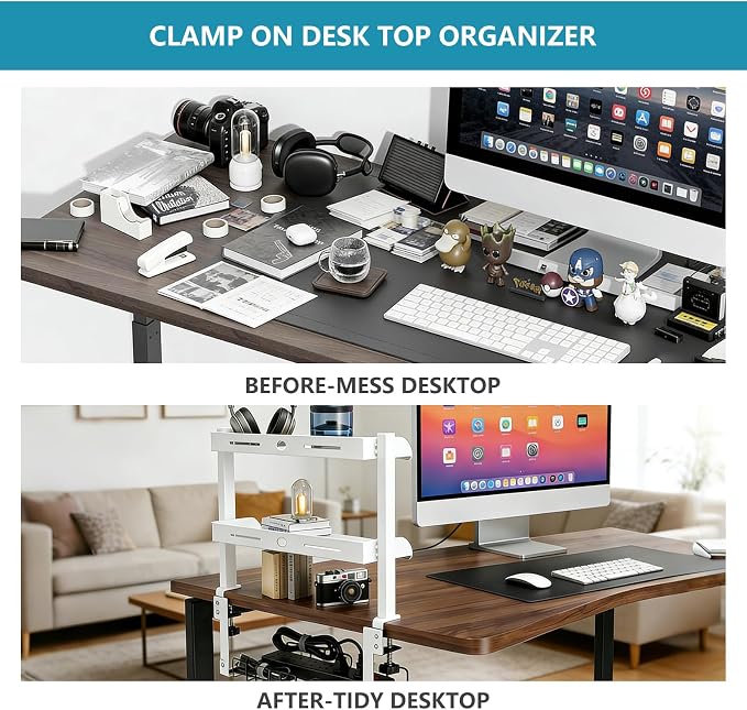 Clamp on Desk Shelf,3 Tier Desktop Organizer,Adjustable Clamp on Desk Top Organizer with Under Desk Hidden Storage Basket&Hooks,No Drilling Desk Clamp Storage Shelves for Working Gaming Accessories