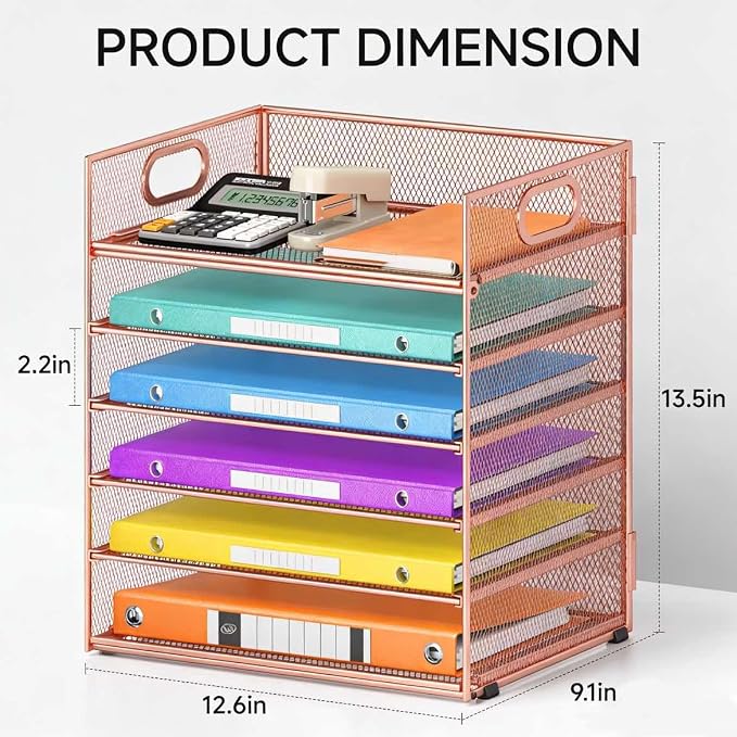 6 Tiers Letter Tray Paper Organizer with Handle, Mesh Desk File Organizer, Metal Desktop Document Shelf Organization, Paper Sorter Organizer for Office, Home or School File Folder Holder (Rose Gold)