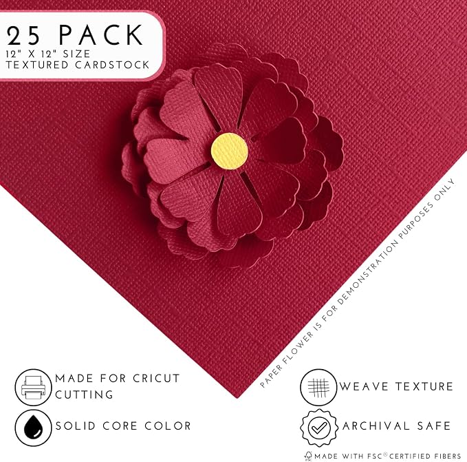 Dark Red—12x12 Textured Cardstock | 80lb Textured Red Scrapbook Paper | Premium Cardstock for Cricut Cutting | 25 Sheets