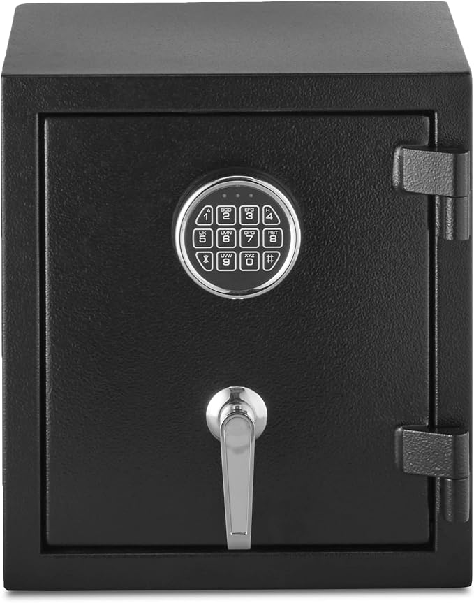 Amazon Basics Fire Resistant Security Safe with Programmable Electronic Keypad for Documents and Valuables, 0.83 Cubic Feet, 14.17"W x 12.2"D x 15.75"H, Black