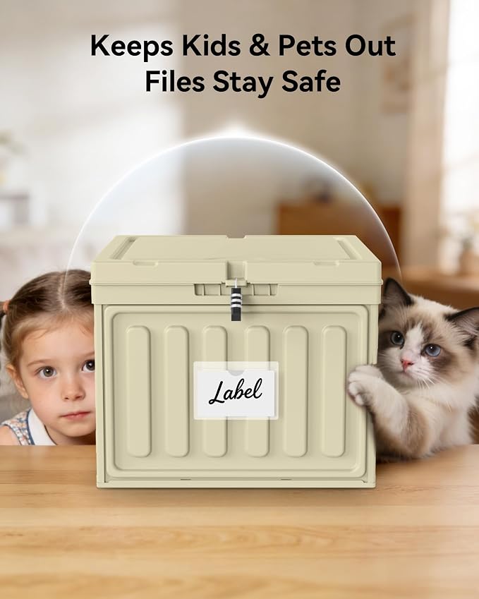 Oterri Lockable Stackable Plastic File Box with Lid for Letter-Size | Hanging File Folders Not Included. Lhaki, Large 1-Pack. Home, Office, Classroom, Dorm, Tax, Under Bed, Filing Cabinet.