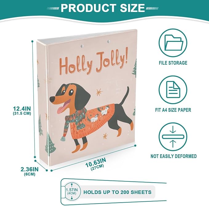 Happy Holly Jolly Dachshund Dog 3 Ring Binder 1.5" Decorative D-Ring Binder with Clipboard&3 Clear Pockets, Holds 200 Sheets A4 Size Paper Waterproof Binders for School Home Office