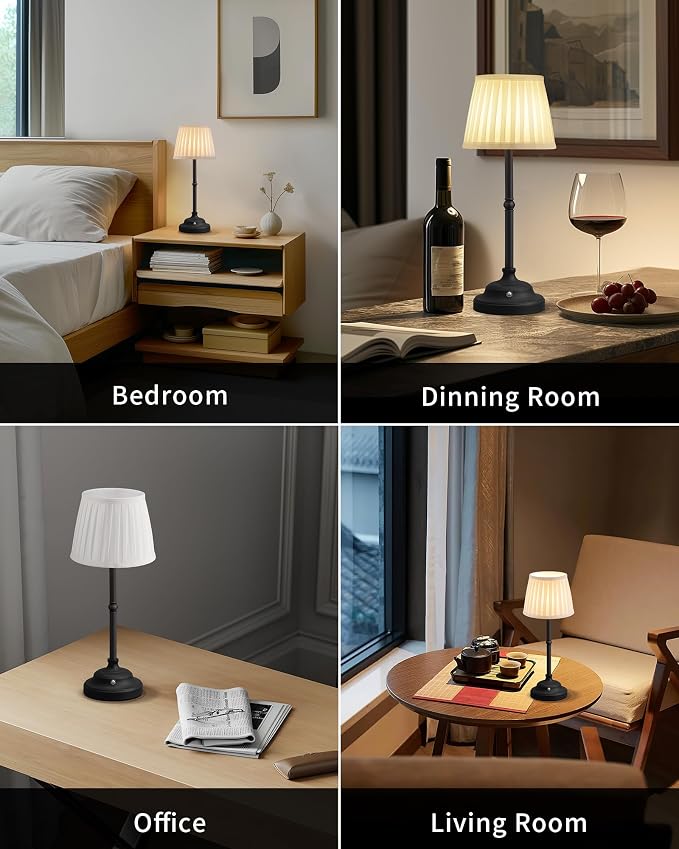 KDG Black Cordless Portable LED Table Lamp, White Fabric Shade Desk Lamp | 4000mAh Rechargeable Battery Powered Lighting, Dimmable Light for Dining Room, Bedroom, Bedside, Night Light, Balcony