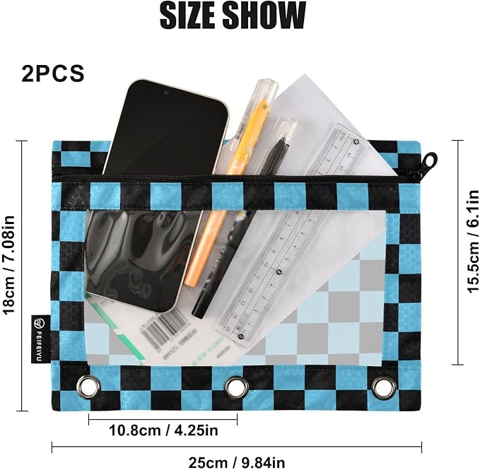 Custom Black Blue Checkered Pattern Pencil Pouch for 3 Ring Binder, 2 Pack Personalized Name Waterproof Pencil Bags Clear Window Pencil Case School Office Supplies