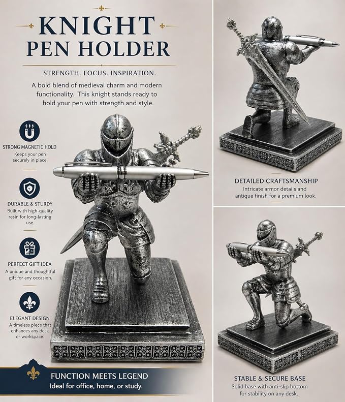 Magnetic Knight Pen Holder for Desk, Medieval Desk Decor Gift for Men, Resin Office Desk Organizer with Sword Letter Opener, Cool Desk Accessories for Dad Husband Boss